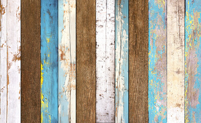 Texture of vintage wood board with cracked paint in various hues. Horizontal retro background with wooden plank with old paint of different color. Full pattern for banner or skinali with wood panels