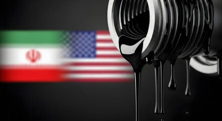 Crude oil dripping from pipe with Iran and USA flags, petroleum trade and sanctions concept, global energy crisis and geopolitical conflict