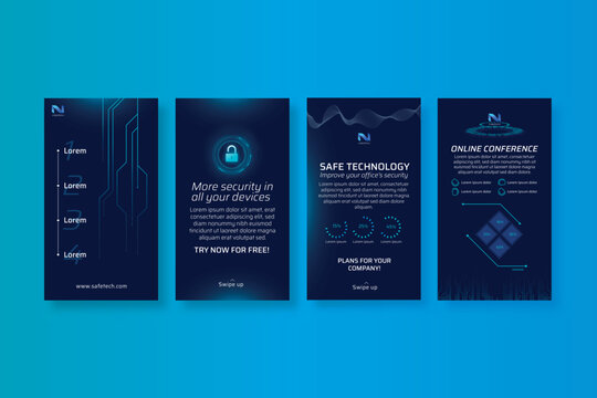 A collection of four dark blue brochures on a light blue background, showcasing safe technology and online security