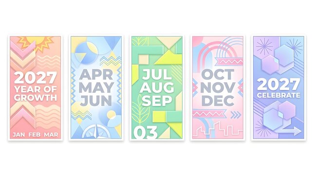 A colorful collection of 2027 calendar cards with geometric patterns and celebratory themes