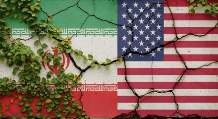 Fototapeta premium Cracked wall with USA and Iran flags, geopolitical conflict concept, broken concrete background