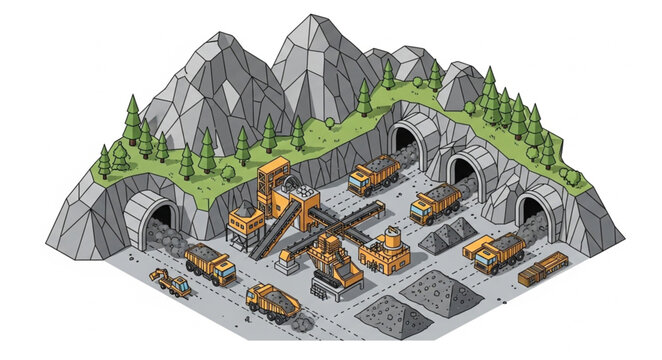Isometric Mountain Mining Village with Tunnels and Shafts.