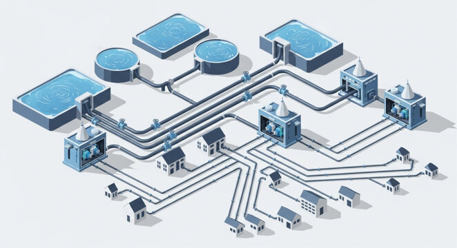 Isometric network infrastructure illustration showing interconnected data nodes.