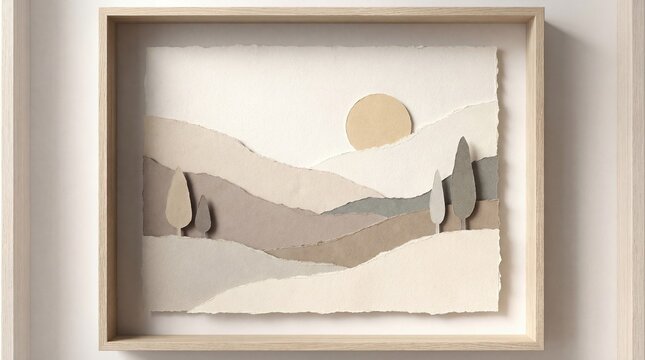 Minimalist desert landscape paper cutout art in a wooden frame featuring rolling hills and a sun.