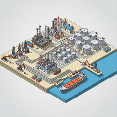 Obraz premium Isometric Oil Refinery Complex with Tanker Ship and Industrial Infrastructure.