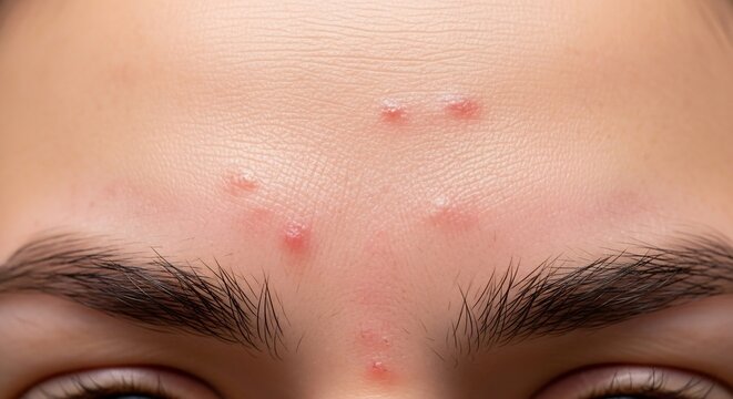 Close up of a young persons forehead with several inflamed pimples and acne.