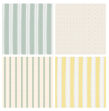 Set of seamless vector patterns with vertical stripes and dashed line elements in soft pastel colors. Minimal geometric textile backgrounds suitable for fabric, wrapping, wallpaper, and stationery 
