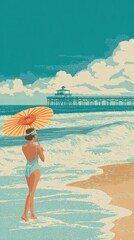 Fototapeta premium Vintage Beach Vacation Scene With a Person in Swimwear Near the Ocean and a Classic Pier on a Sunny Summer Day in the 1950s