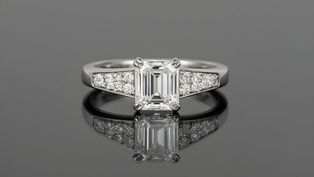 Emerald cut ring with diamonds on reflective glass surface. Elegant diamond engagement ring on reflective surface  