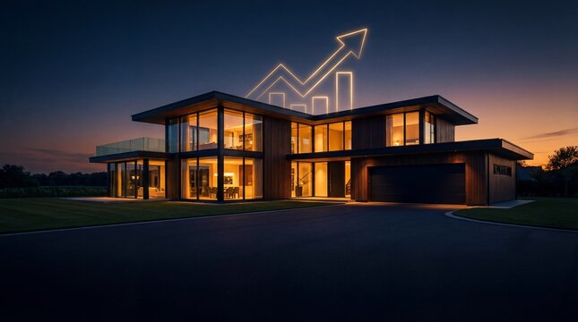 Luxury modern house with glowing growth graph representing real estate investment success