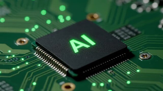AI microchip on circuit board close up technology background