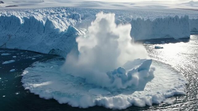 An aerial drone shot captures the powerful moment a giant piece of glacier ice falls into the ocean, creating a massive splash and circular ripple in a frozen landscape.