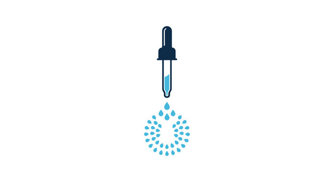 A dropper dropping blue liquid particles.