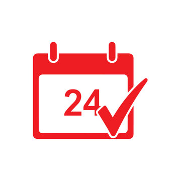 Red calendar graphic illustrating twenty-four hour availability marked with a large check indicating constant service confirmation.