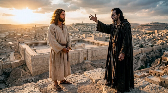Jesus and the devil on the Temple pinnacle above Jerusalem