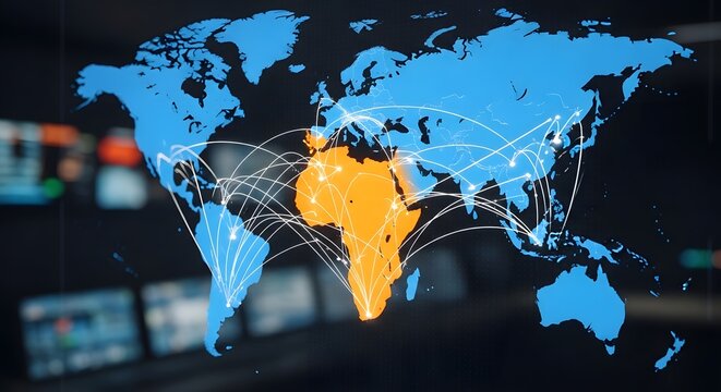 Global logistics network map with Africa highlighted in orange, world connectivity lines on digital screen, international trade and data exchange concept