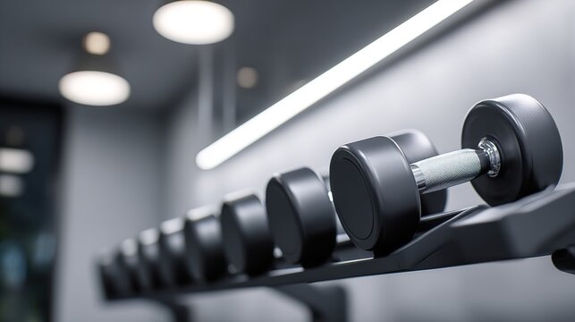 bodybuilding. Simple gym corner with dumbbells on a rack, representing a minimalist and functional workout space. lifestyle magazines.