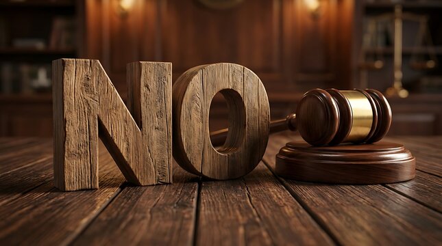 Wooden letters spelling no next to gavel on desk, rejection of proposal concept, decision making, refusal, courtroom, justice system, legal judgment, verdict, prohibition