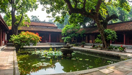 Fototapeta premium A serene courtyard with a pond and trees