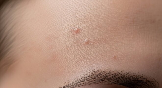 Close-up of a persons forehead with a small pimple.