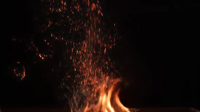 Bright orange fire sparks flying up against black background at night