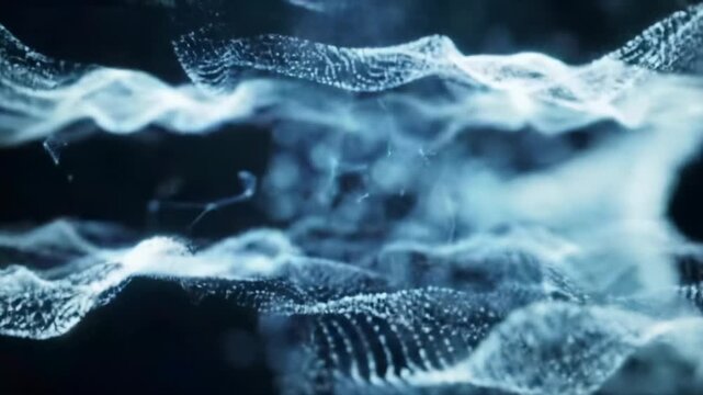 Luminous, abstract digital particles dynamically flow, converge, and connect, forming intricate evolving patterns in a dark, ethereal, futuristic digital space with shallow depth of field. A virtual