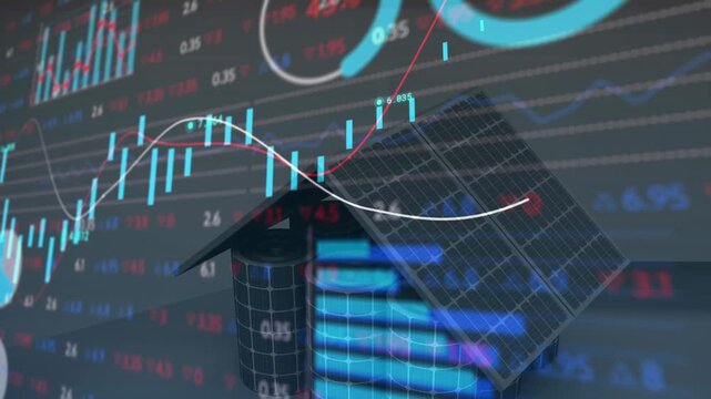 Market feed updating, 3D house holding center while finance charts marking panels, tracking ROI