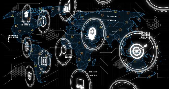 Red lightning sparking glowing data icons emerging over world map, pulsing, forming analytics hub