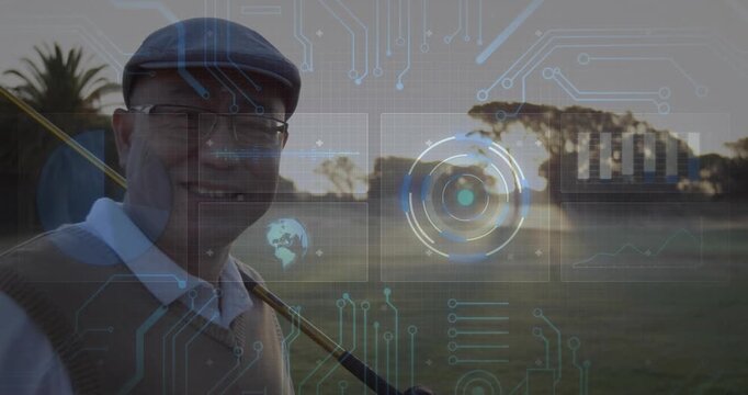 Camera closing in causing mature golfer turning, resting club, giving thumbs-up, HUD showing charts
