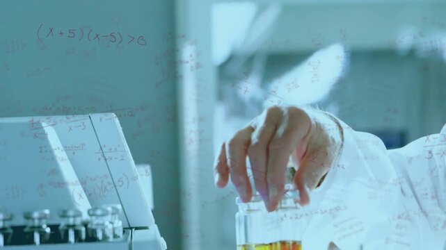 Lab tech hand reaching rack, selecting vial for testing, loading analyzer with handwritten math