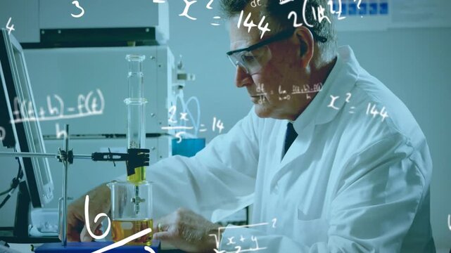 Holding pipette scientist in lab coat adjusting clamp, drawing yellow liquid at bench, typing data