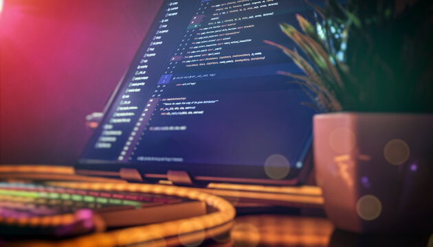 Modern developer setup featuring a monitor with Python code, RGB keyboard, decorative lighting, and a potted plant on the desk.