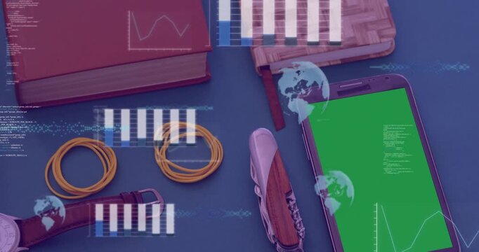 Activating overlays sliding across desk over phone green-screen to view data over knife, copy space