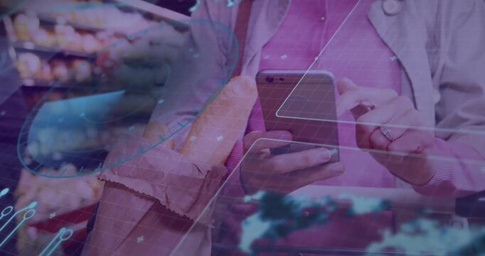 Shopper tapping phone, starting HUD overlays scrolling while holding bag with bread, checking list