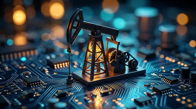 Tiny miniature oil pumpjack and gears on electronic motherboard with illuminated circuitry representing digital transformation in energy industry exploration and production