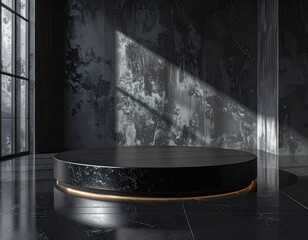 Obraz premium Modern black podium with golden light accent in a dark textured room.