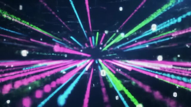 Expansive video of luminous, vibrant electric pink, neon green, cyber blue data streams flowing, interweaving in a deep, dark digital expanse, creating complex patterns with subtle shallow focus