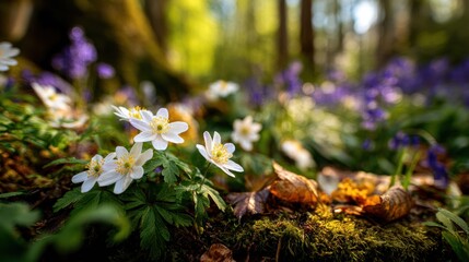 Obraz premium Wood Anemones and Bluebells Bloom on a Forest Floor in Spring Light With Fallen Leaves and Moss