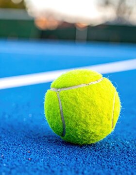 A bright neon tennis ball sits on a vibrant blue tennis court.