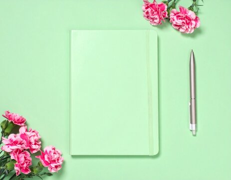 A mockup of a slipcase book with a pen and roses on a soft green surface.