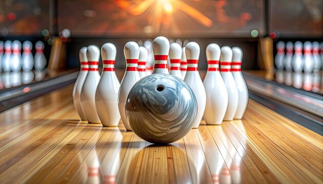 A bowling ball is poised to strike a rack of bowling pins on a polished wooden lane.