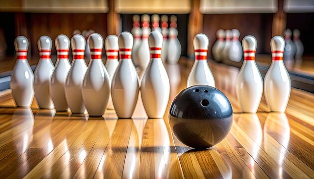 A bowling ball rests on a polished wooden lane in front of standing pins.