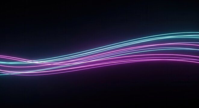 Sleek sweeping lines of elegant neon cyan and violet blending horizontally across a deep minimal dark canvas on blacksolid background