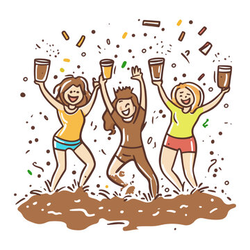 mud party, boryeong mud festival in south korea, festival, vector, transparent background, people, party, fun, jump, action, play, jumping