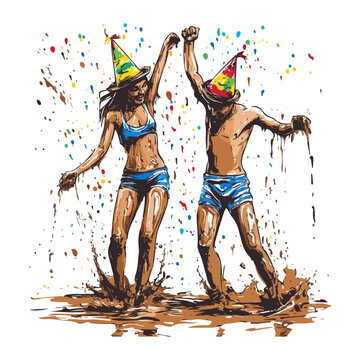 mud party, boryeong mud festival in south korea, festival, vector, transparent background, people, party, fun, jump, action, play, jumping