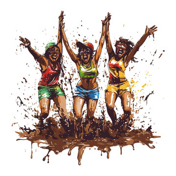 mud party, boryeong mud festival in south korea, festival, vector, transparent background, people, party, fun, jump, action, play, jumping