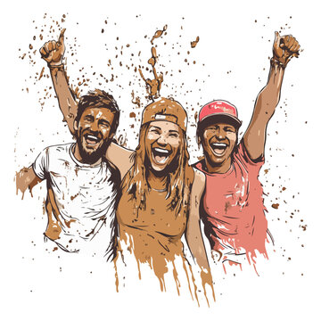 mud party, boryeong mud festival in south korea, festival, vector, transparent background, people, party, fun, jump, action, play, jumping