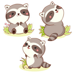 Set of cute cartoon pet. Baby collection of little raccoon in different poses. Sweet baby animal in kawaii style. Can be used for t-shirt print, sticker, badge, greeting card design. Vector EPS8