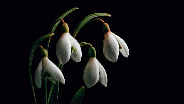 Four snowdrop flowers with smooth white petals and thin green stems against a dark background