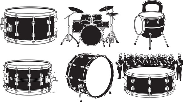 Black and white vector illustration set of musical drums including snare drums bass drum full drum kit and marching band silhouettes isolated on white.